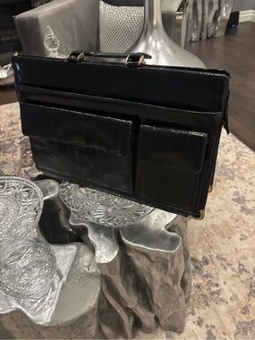 Vintage 1980s era genuine, eel, skin, black briefcase, handbag, museum quality